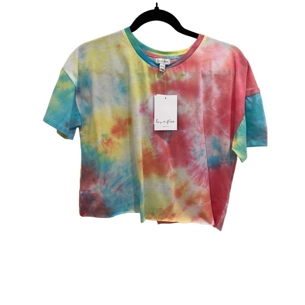 𝅺love Fire Cropped Top Tie Dye Rolled Hem Short Sleeve Watercolor NWT  XL